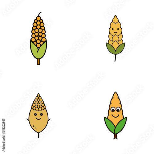 Four cartoon corn cobs with different facial expressions and husk designs on a white background display
