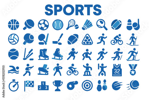 Sports and athletic activity icons representing various games and physical exercises icon set