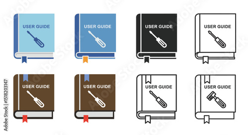 Collection of colorful user guide books with repair tools isolated on white background