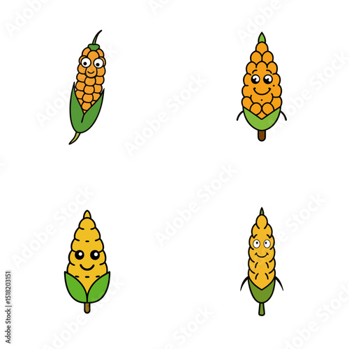 Illustration of four cartoon corn cobs with different facial expressions and green husks on a white background