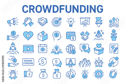 Crowdfunding, donation, and fundraising icons for community-driven financial support icon set