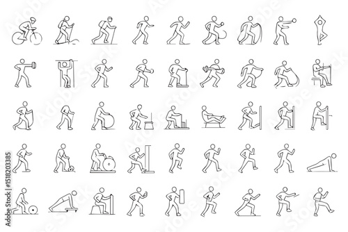 Fitness and Exercise Icons for Active Lifestyle, Featuring Various Workout Routines and Activities in Simple Line Design Icon Set