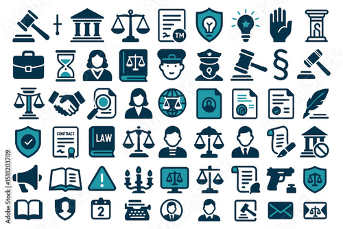 Collection of Legal Icons, Representing Law, Justice, Lawyers, Gavel, Court, and Legal Documents in Modern Design Icon Set