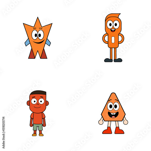 Four cartoon characters with different shapes and features standing on a white background looking forward