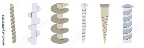 Archimedes screw flat cartoon icon set.  Water pump machine compressor spiral motor drawing collection. Physics vector illustration