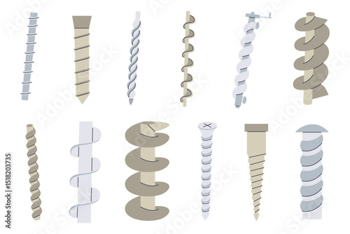 Archimedes screw flat icon set.  Water pump machine compressor spiral motor drawing collection. Physics vector illustration