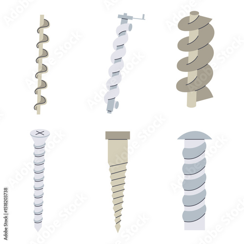 Archimedes screw simple flat icon set.  Water pump machine compressor spiral motor drawing collection. Physics vector illustration