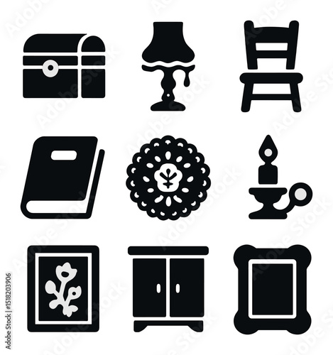 Timeless Home Decor Icons. Solid, filled icons set of timeless home decor pieces: vintage chest, antique lamp,