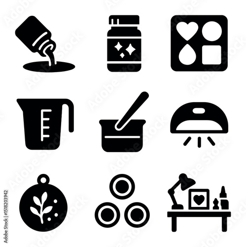 Crafting Resin Icons. Solid, filled icons set of crafting with resin and making decorations: resin pour,