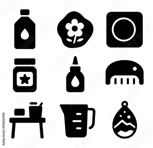 Resin Art Icons. Solid, filled icons set of decorative resin art creation: resin icon, flower embed, silicone