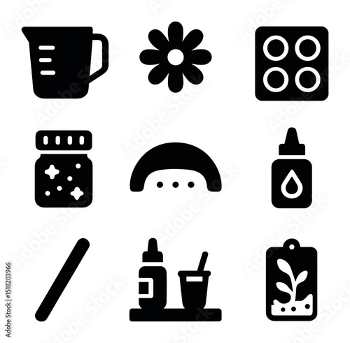 Resin Craft Essentials. Solid, filled icons set of modern resin craft essentials: resin icon, flower icon,