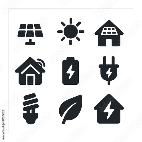 Eco-Friendly Home Icons. Solid, filled icons set of eco-friendly solar houses: solar panel, sun icon, house