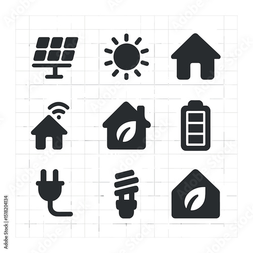 Solar Homes Icon Set. Solid, filled icons set of future solar-powered homes: solar panel, sun icon, house icon
