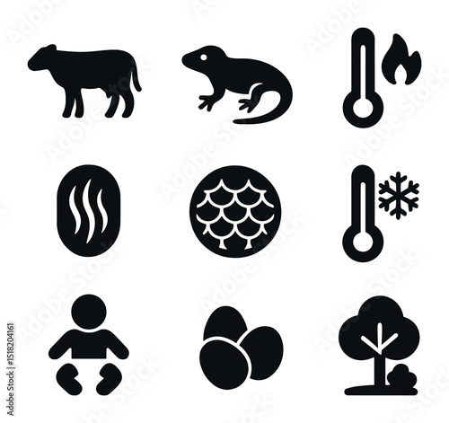 Mammals versus Reptiles Icons. Solid, filled icons set of the difference between mammals and reptiles: mammal