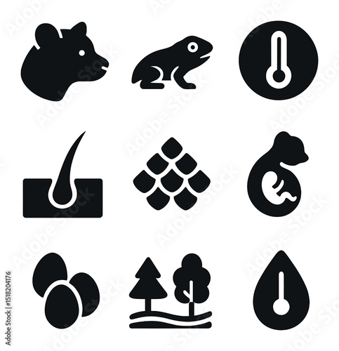 Mammal vs Reptile Icons. Solid, filled icons set of mammalian vs reptilian biology: mammal icon, reptile icon,