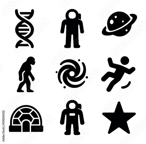 Space Icons Grid. Solid, filled icons set of genetic and physical changes in space: DNA icon, astronaut icon,