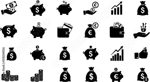 Finance icons. Business Icons, money signs. Money silhouette collection. Wallet with cards icon. Coins silhouette icon. Growth chart. Moneybag or stash. Piggy bank flat style - stock vector.