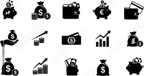 Finance icons. Business Icons, money signs. Money silhouette collection. Wallet with cards icon. Coins silhouette icon. Growth chart. Moneybag or stash. Piggy bank flat style - stock vector.