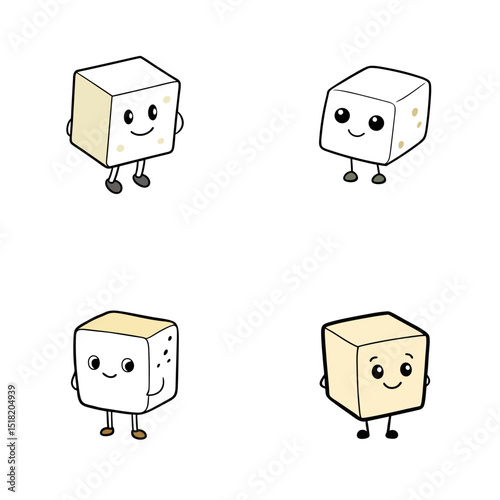 Four cartoon tofu cubes with faces and limbs standing on a white background in a square arrangement