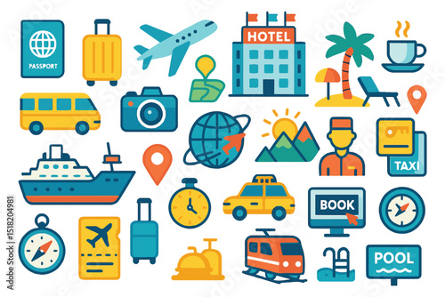 Set of icons for travel, booking, hotels, transport, and vacation activities icon set
