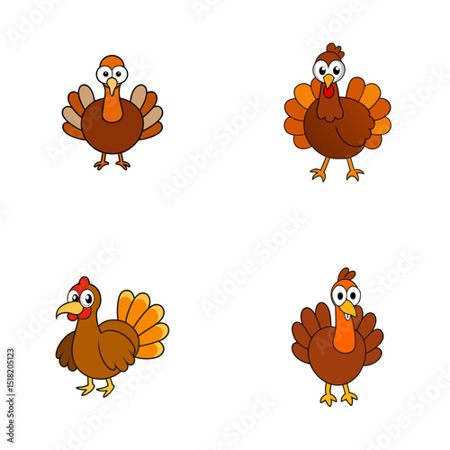 Illustration featuring four cartoon turkeys with varied poses and feather arrangements shown clearly
