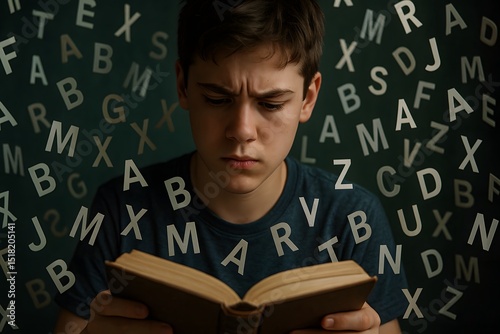Teenager with dyslexia reading a book with letters floating and rearranging around them, symbolizing the challenges of reading disorders. Generative AI