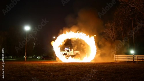 Monster truck drifts around ring of fire in nighttime stunt, exciting and dangerous. 