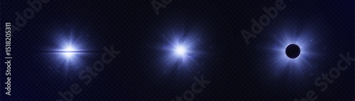 Solar eclipse effect with glow and particles on dark background. Suitable for night sky themes, scientific discoveries and fantasy stories.