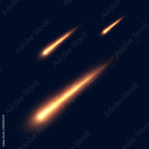 Flaming meteors with sparks and smoke on a dark background, creating the effect of a catastrophic fall. Ideal for themes of space, destruction and speed.