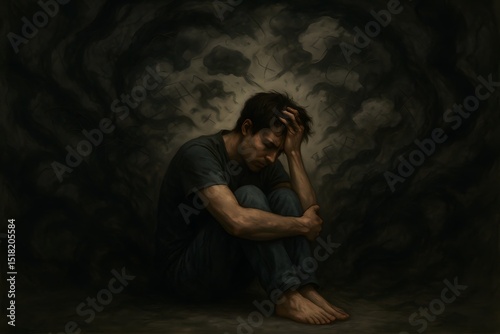 Young adult experiencing anxiety, surrounded by swirling thoughts and shadows, symbolizing internal struggle and mental health challenges. Generative AI