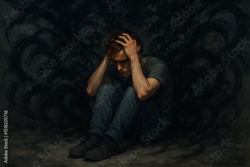 Young adult experiencing anxiety, surrounded by swirling thoughts and shadows, symbolizing internal struggle and mental health challenges. Generative AI