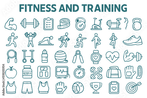 fitness training, health and wellness, gym equipment, workout routine, fitness goals, sports and exercise icon set