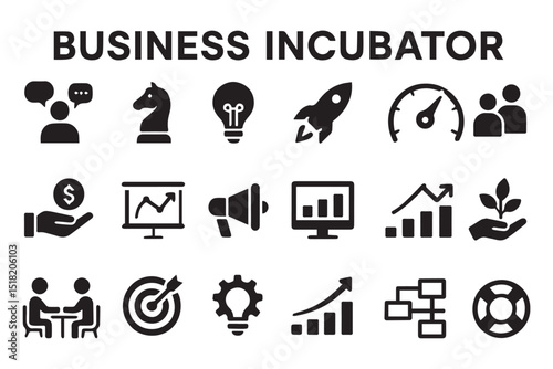 business incubator icons, startup growth, entrepreneurship, business strategy, investment, business support, goal setting icon set