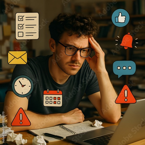 Young adult with ADHD juggling tasks, surrounded by swirling thoughts and distractions, symbolizing hyperfocus and mental chaos. Generative AI