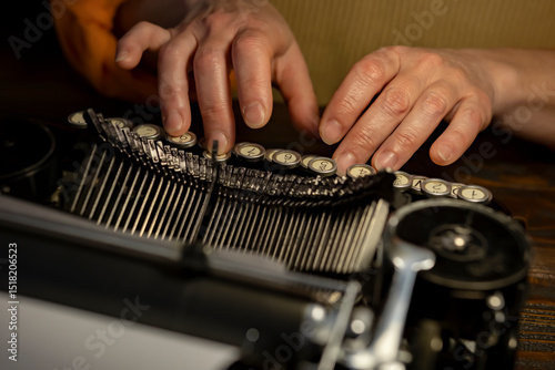 Hands creating stories on a vintage typewriter in a cozy workspace filled with nostalgia