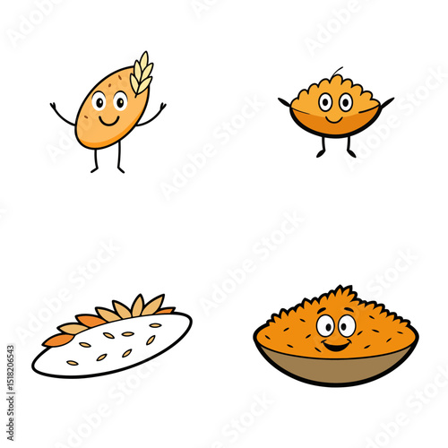 Cartoon illustrations of grain and grain based foods with smiling faces and stick figure limbs