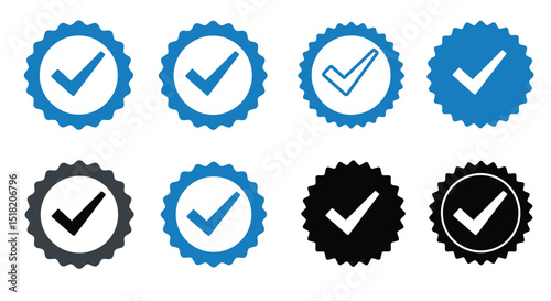 Collection of check mark icons in various styles isolated on white background