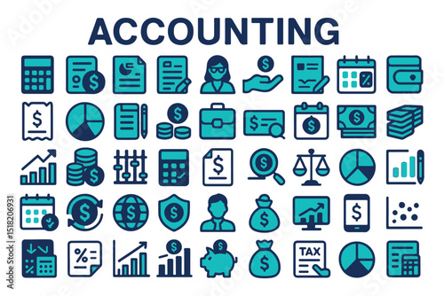 illustration of accounting and finance icons, business management, tax, investment, and financial planning, bookkeeping and auditing icon set