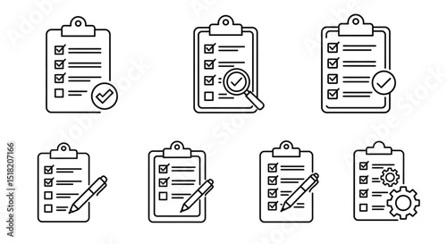 Checklist clipboard icons with pen, magnifier, check marks isolated on white background
