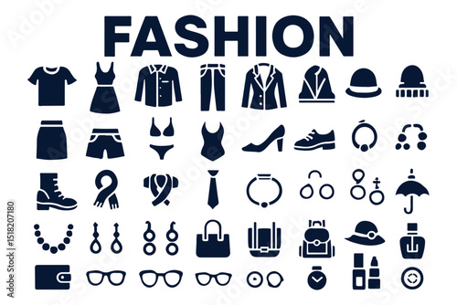 vector icons for fashion, apparel, jewelry, shoes, handbags, and personal style, trendy fashion accessories icon set