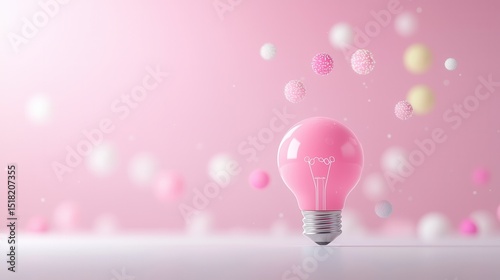 A luminous glowing lightbulb levitates amidst a dreamlike array of translucent floating spheres creating a visually captivating and scene