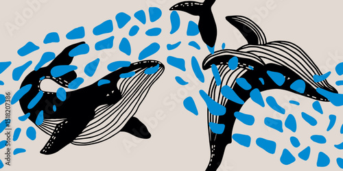Whale Illustration with Blue Splashes Seamless Pattern