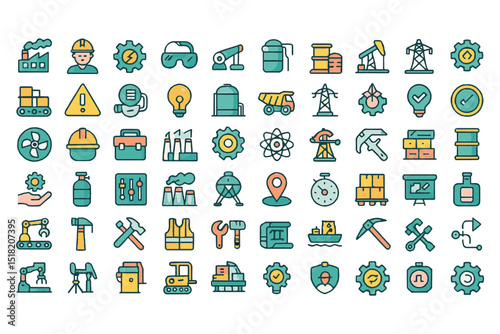 vector icons for factory, machinery, tools, construction, safety gear, industrial equipment, and energy sources, labor work icon set