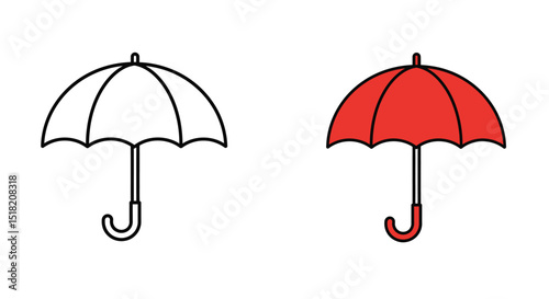 Two umbrellas, one red and one black and white, isolated on white background