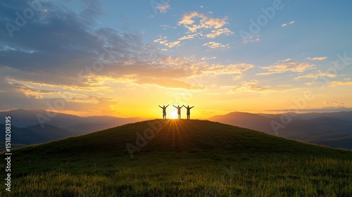 Fototapeta Naklejka Na Ścianę i Meble -  A serene and spiritual scene of three crosses silhouetted against the backdrop of a breathtaking sunset on a majestic hilltop creating a powerful and iconic image