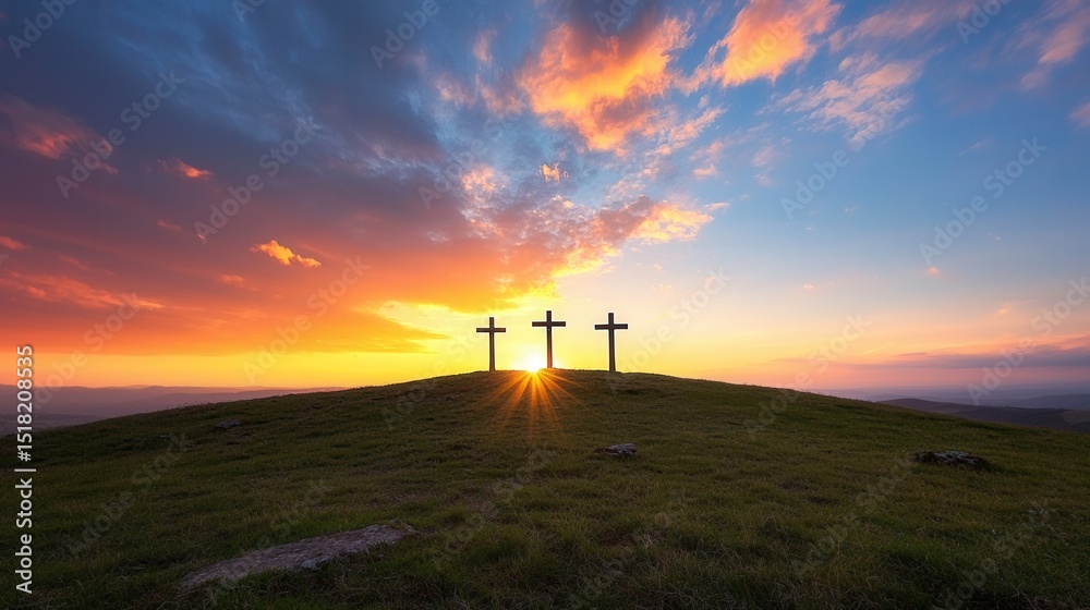 Obraz premium A serene and inspiring landscape featuring three crosses silhouetted against a breathtaking sunset sky symbolizing the Christian faith and the sacrifice of Jesus Christ