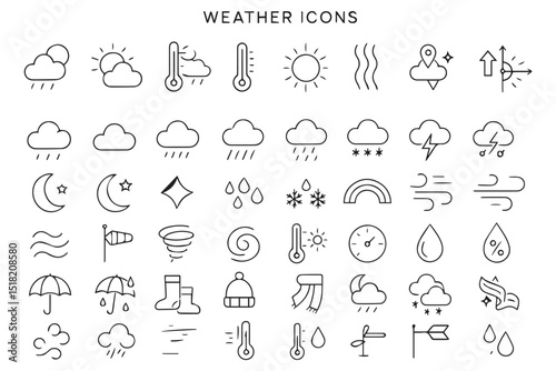 weather conditions and forecasting icon set, including rain, snow, wind, thermometer, clouds, and storm symbols, icon set