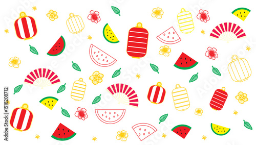 japanese summer festival matsuri seamless pattern with water melons and lantern.
