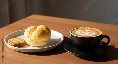 Cream puff and cookie on plate with latte art in black cup on wood table