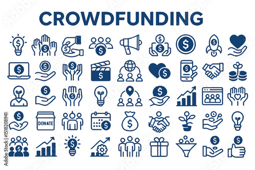 crowdfunding icon set featuring donation, fundraising, community support, investment, and social impact, icon set